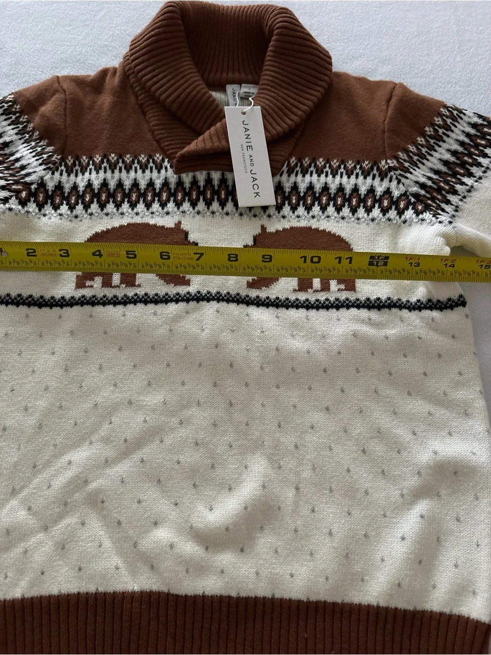 Janie and Jack Cream and Brown Bear Fair Isle Shawl Collar Sweater